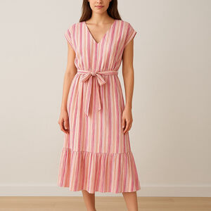 52seven Striped Tiered Midi Dress – Belted XL – Pink/Orange Cottagecore Casual